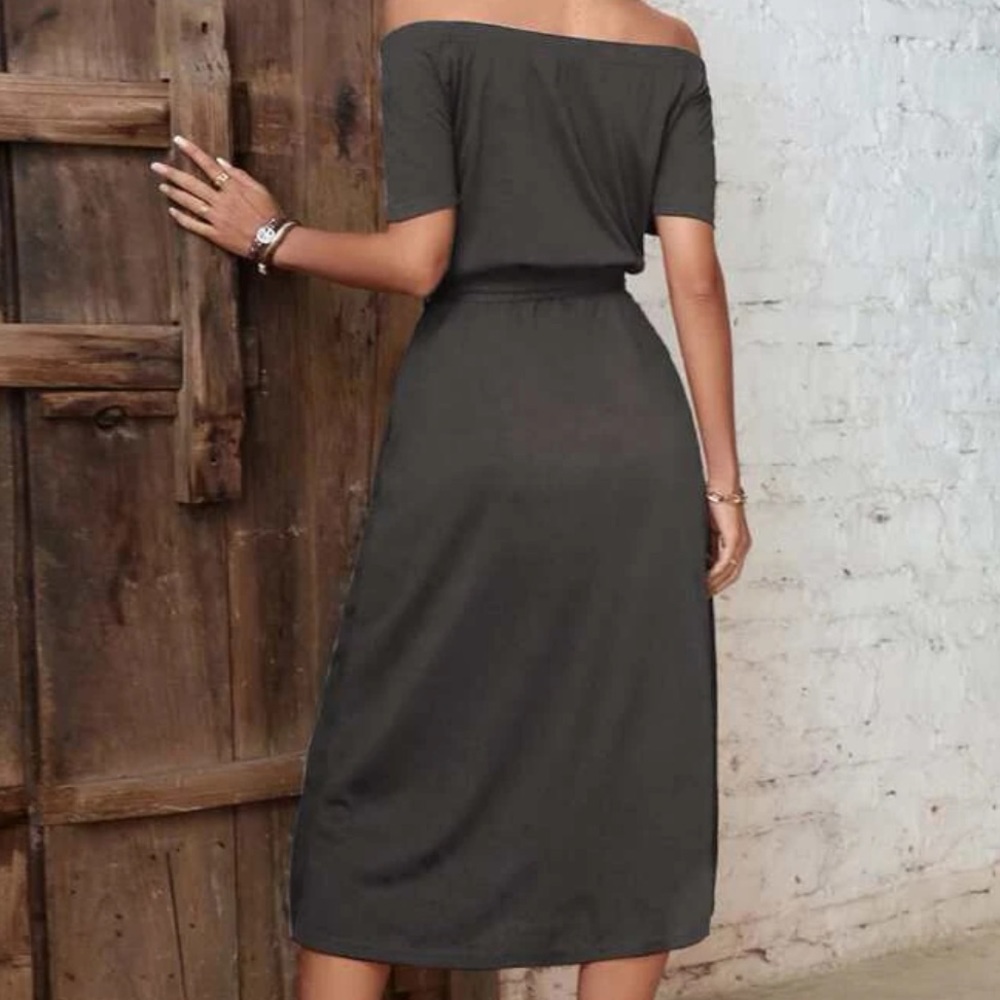 Off Shoulder Split Thigh Belted Dress Dark Grey Size L - Picture 2 of 7